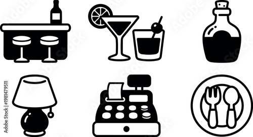 Black and white bar counter drinks bottle cash register and lamp icons set