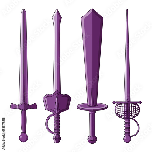 Collection of Four Purple Swords, Fantasy Weapons, Medieval Arms, Digital Art Illustration