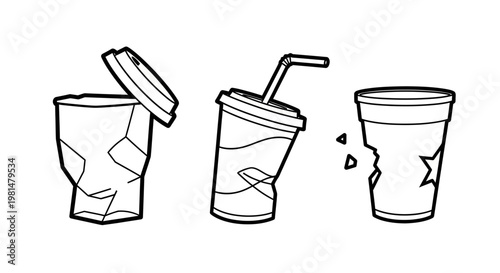 Crushed disposable cups with straw and lid, symbolizing waste and pollution