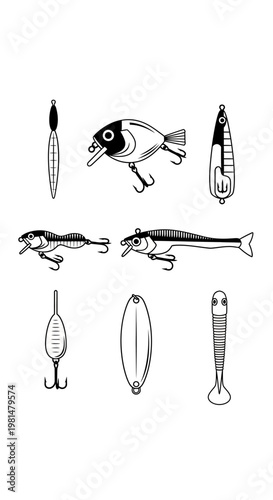 Fishing Lures Collection: Vintage Style Illustrations of Various Fishing Baits