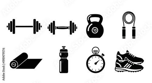 Fitness Equipment Icons: Dumbbells, Kettlebell, Jump Rope, Mat, Bottle, Stopwatch, Sneakers