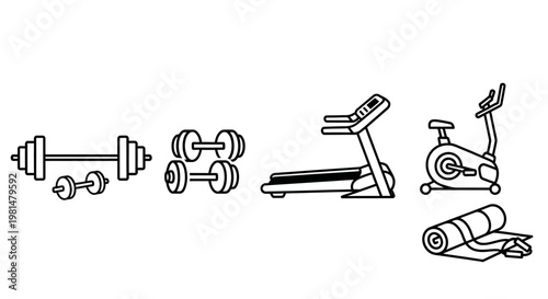 Fitness Equipment Icons: Treadmill, Exercise Bike, Dumbbells, Yoga Mat, Barbell