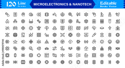 Microelectronics and Nanotech – Unique Minimal Line Icon Collection with Precision-Drawn Vectors, Scalable Stroke Elements, and Clean Technical Design