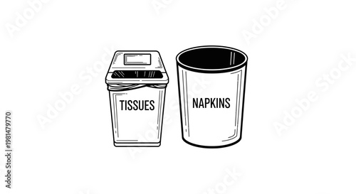 Two trash cans, one for tissues and one for napkins, on a white background