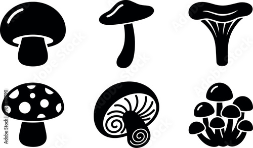 Black and white flat design vector mushrooms with various shapes and spots