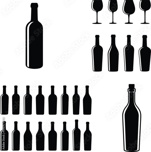 Bottle and wine glass silhouettes, diverse shapes, black beverage icons, isolated white background, drink illustration, bar design art