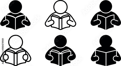 Set of six black and white reading person icons vector art