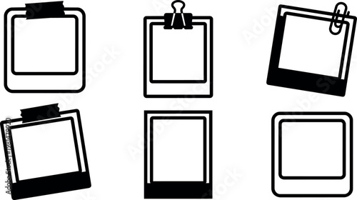 Black and white photo frame icons with tape clips and paperclip vector art