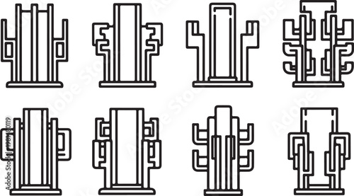 A collection of eight distinct isometric pixel art park benches on a base Vector