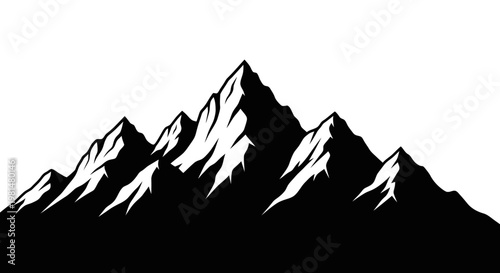 Snowy mountain range silhouette with rugged peaks against a white background illustration