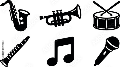 Black and white music notes and jazz band instruments vector art