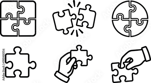 Black and white line art puzzle pieces with hands holding and joining parts