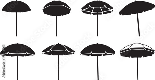 Various styles of black umbrellas standing upright Vector