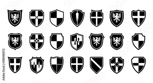 Collection of 20 heraldic shields with various coat of arms designs and symbols on white background