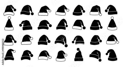 Collection of black and white santa claus hats in various styles and angles on white background for christmas and holiday designs