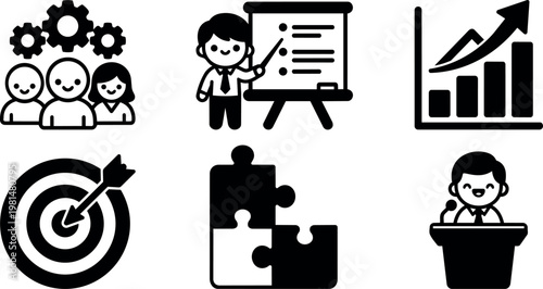 Black and white business teamwork presentation growth strategy target puzzle icons set