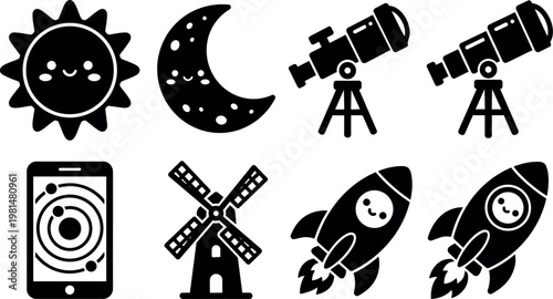 Black and white cute smiling sun moon telescope rocket and windmill icons set