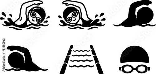 Black and white vector art swimmer with goggles swimming freestyle stroke and pool lanes