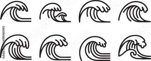 A collection of eight distinct, abstract line art wave patterns Vector
