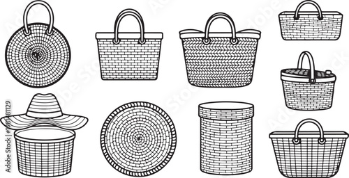A collection of vintage woven baskets with detailed textures and varied shapes Vector
