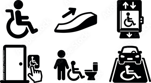 Black and white accessibility icons for wheelchair ramps elevators parking and restrooms
