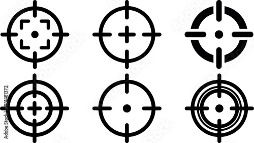 Black target crosshair icons set with various styles and circular shapes