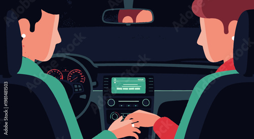 Couple holding hands in car at night, enjoying music from car stereo, romantic journey, relationship, love, togetherness