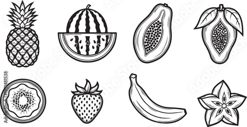 Intricate line art illustrations of various fruits and vegetables Vector