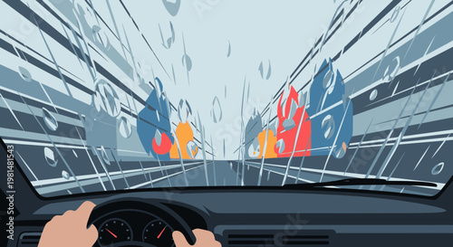 Driving on a rainy day through a highway, view from inside the car, windshield wipers clearing water drops, traffic ahead