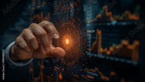 Close up of businessman hand touching virtual panel with forex chart on it. Businessman touching virtual screen with financial charts and graphs. 3D rendering