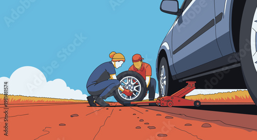 Two people changing a flat tire on a car on a deserted road, with a jack lifting the vehicle under the hot sun.
