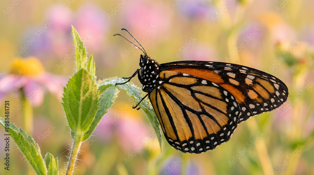 Obraz premium Monarch butterfly on a green leaf