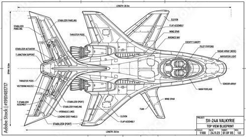 Advanced fighter jet blueprint vector top view detailed military aircraft schematic with labeled parts technical aviation illustration.eps