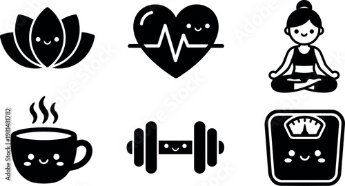 Cute black and white wellness icons lotus heart yoga cup dumbbell scale