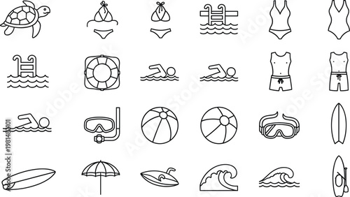 Cartoon Swimming, Beach, and Water Sports Icons for Summer Fun, Vacation, and Water Activities Illustrations
