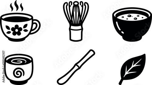 Black and white line art tea cup whisk bowl leaf and spatula icons