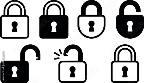 Black and white closed and open padlock icons line art vector