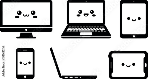 Black and white cute face digital devices computer laptop tablet and smartphone icons