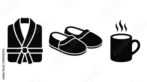 Bathrobe slippers and hot drink mug vector for relaxation and comfort.