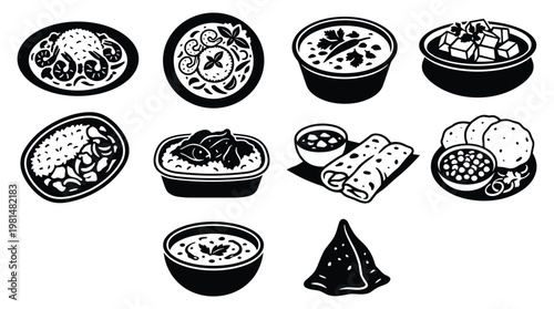 Collection of Indian food dishes and snacks in black silhouette.