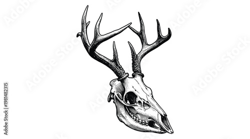 Black and white vector illustration of a deer skull with large antlers.