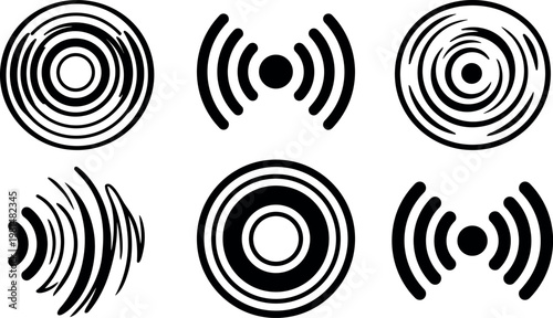 Black and white vector sound wave icons and circular signal shapes set