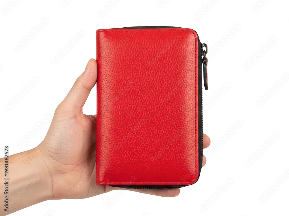 Naklejka premium Holding a red leather wallet isolated on transparent background