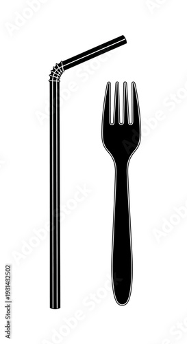 Black Plastic Fork and Straw Silhouette Isolated on White Background