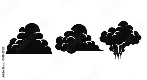Black Smoke Clouds Silhouette Set: Explosion, Cumulus, and Wispy Forms