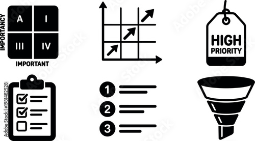 Black and white task priority matrix and checklist icons for productivity