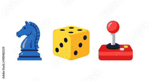 Blue Chess Knight, Yellow Dice, and Red Joystick: Icons of Strategy, Chance, and Gaming