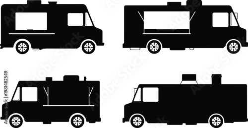 Food truck icon set, mobile kitchen, street food van, fast food service, silhouette design, catering vehicle, urban dining, snack vendor illustration