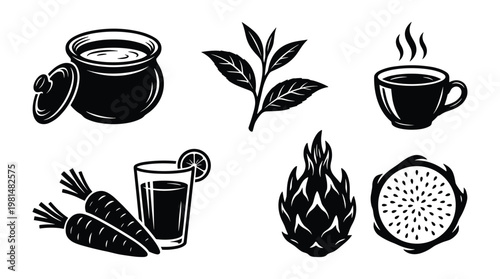 Healthy food and drinks vector set on transparent background collection.