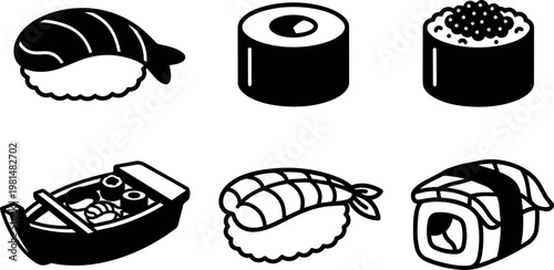 Black and white sushi and maki icon set with boat vector art